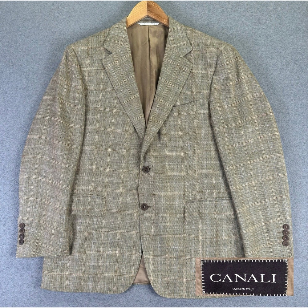 Canali Blazer Jacket 42 Regular US Brown Beige Plaid Wool Silk Linen Italy EU 52